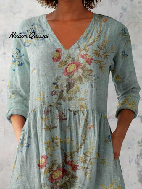 Women's Classic Round Neck Floral Pattern Cotton and Linen Top