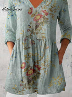 Women's Classic Round Neck Floral Pattern Cotton and Linen Top