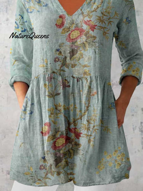 Women's Classic Round Neck Floral Pattern Cotton and Linen Top