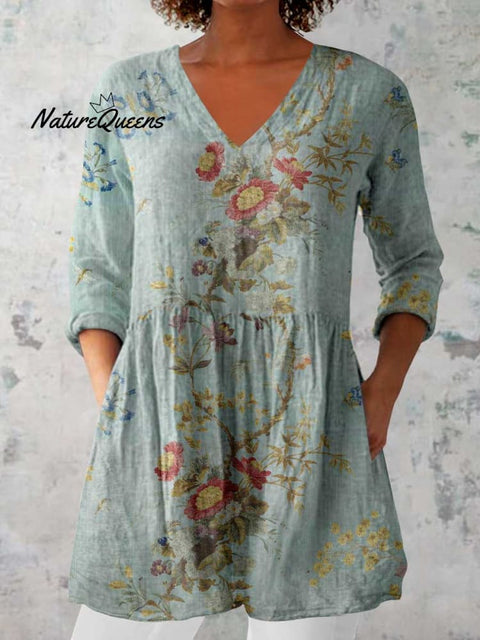 Women's Classic Round Neck Floral Pattern Cotton and Linen Top