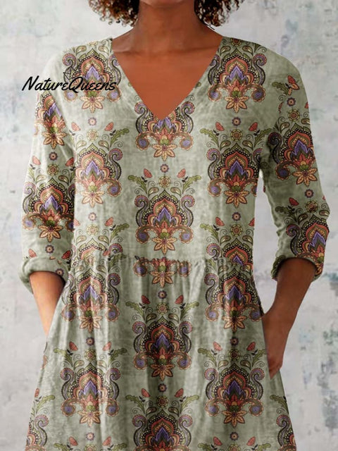 Women's Classic Round Neck Floral Pattern Cotton and Linen Top