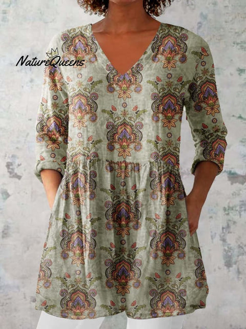 Women's Classic Round Neck Floral Pattern Cotton and Linen Top