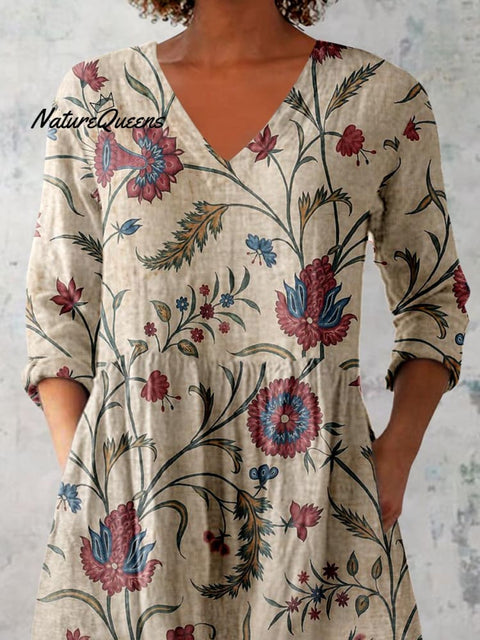 Women's Elegant Floral Print Cotton and Linen Top