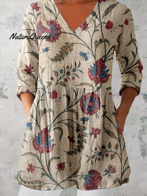 Women's Elegant Floral Print Cotton and Linen Top