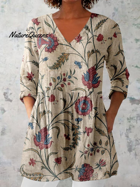 Women's Elegant Floral Print Cotton and Linen Top