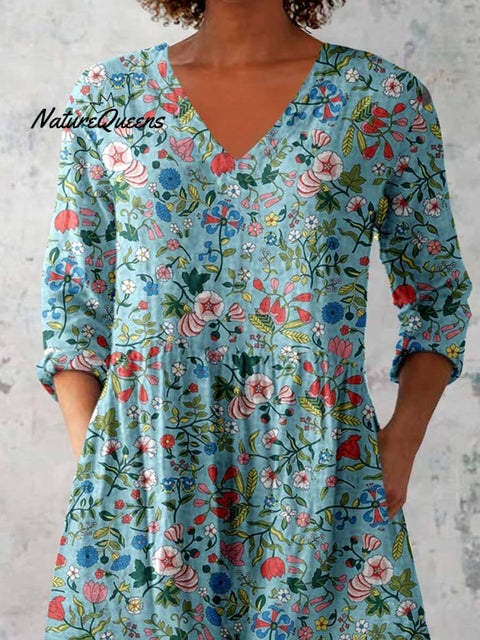 Women's Elegant Floral Print Cotton and Linen Top