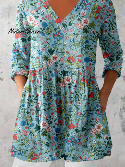 Women's Elegant Floral Print Cotton and Linen Top