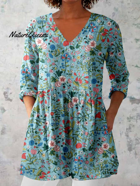 Women's Elegant Floral Print Cotton and Linen Top