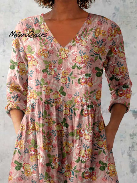 Women's Elegant Floral Print Cotton and Linen Top