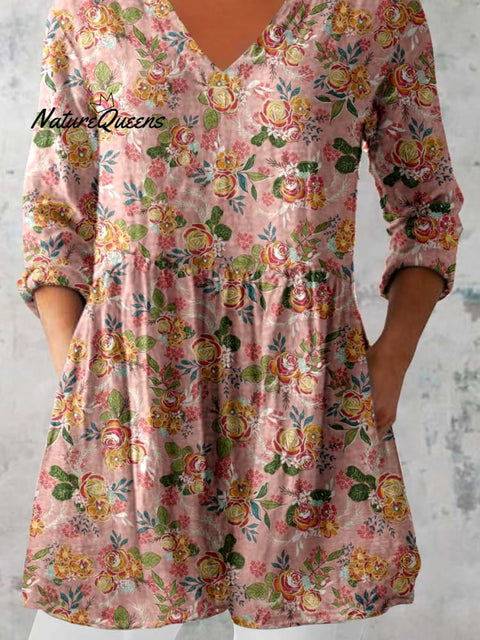 Women's Elegant Floral Print Cotton and Linen Top