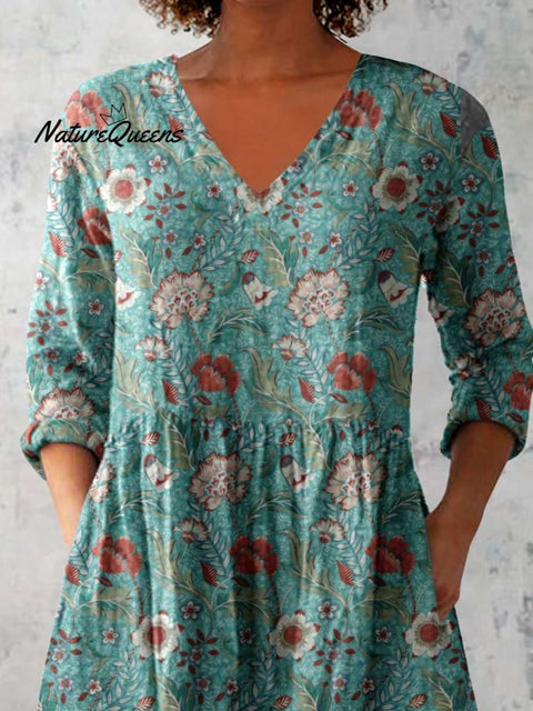 Women's Elegant Floral Print Cotton and Linen Top