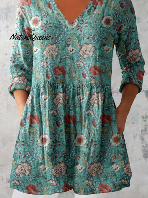 Women's Elegant Floral Print Cotton and Linen Top