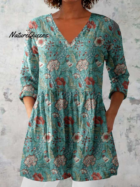 Women's Elegant Floral Print Cotton and Linen Top