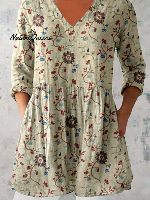 Women's Elegant Floral Print Cotton and Linen Top