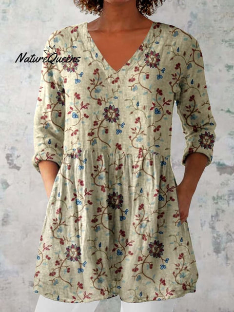 Women's Elegant Floral Print Cotton and Linen Top