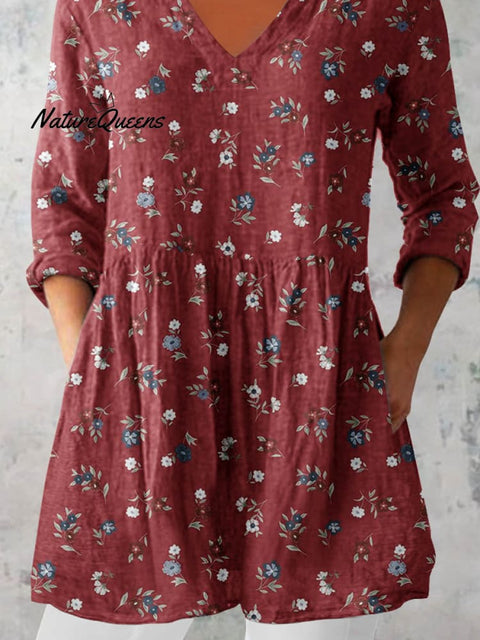 Women's Elegant Floral Print Cotton and Linen Top