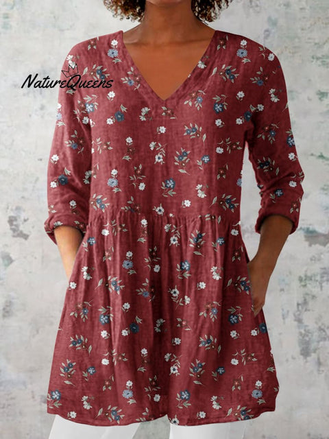 Women's Elegant Floral Print Cotton and Linen Top