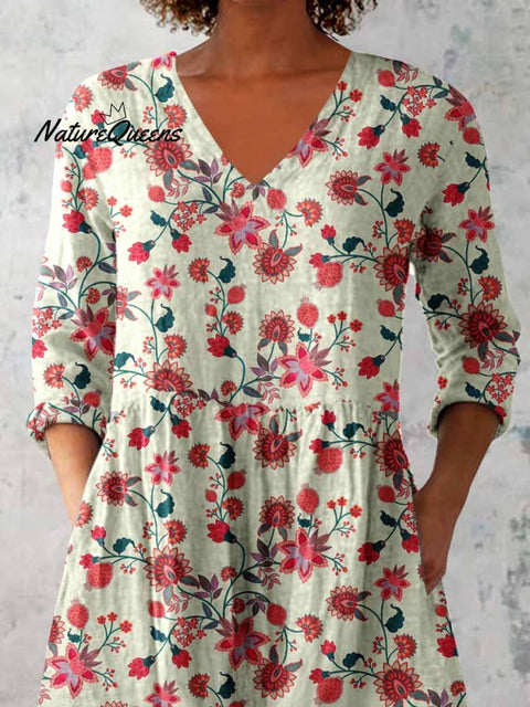 Women's Elegant Floral Print Cotton and Linen Top