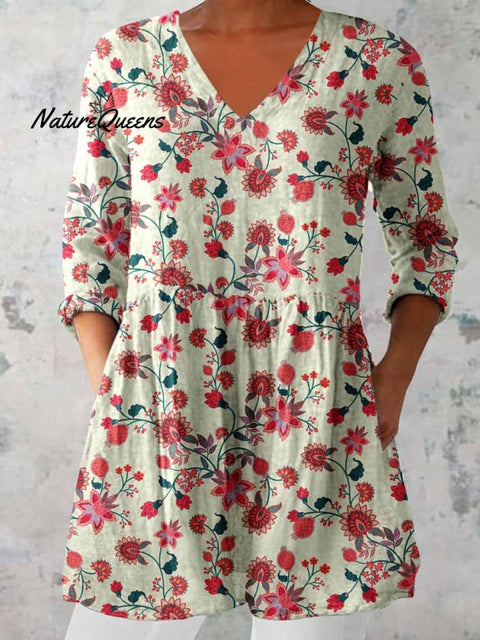 Women's Elegant Floral Print Cotton and Linen Top