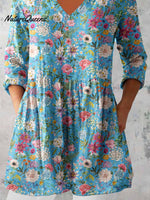 Women's Elegant Floral Print Cotton and Linen Top