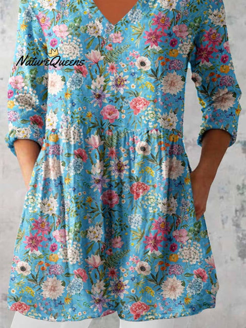 Women's Elegant Floral Print Cotton and Linen Top