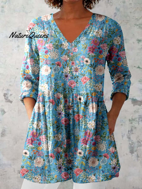 Women's Elegant Floral Print Cotton and Linen Top