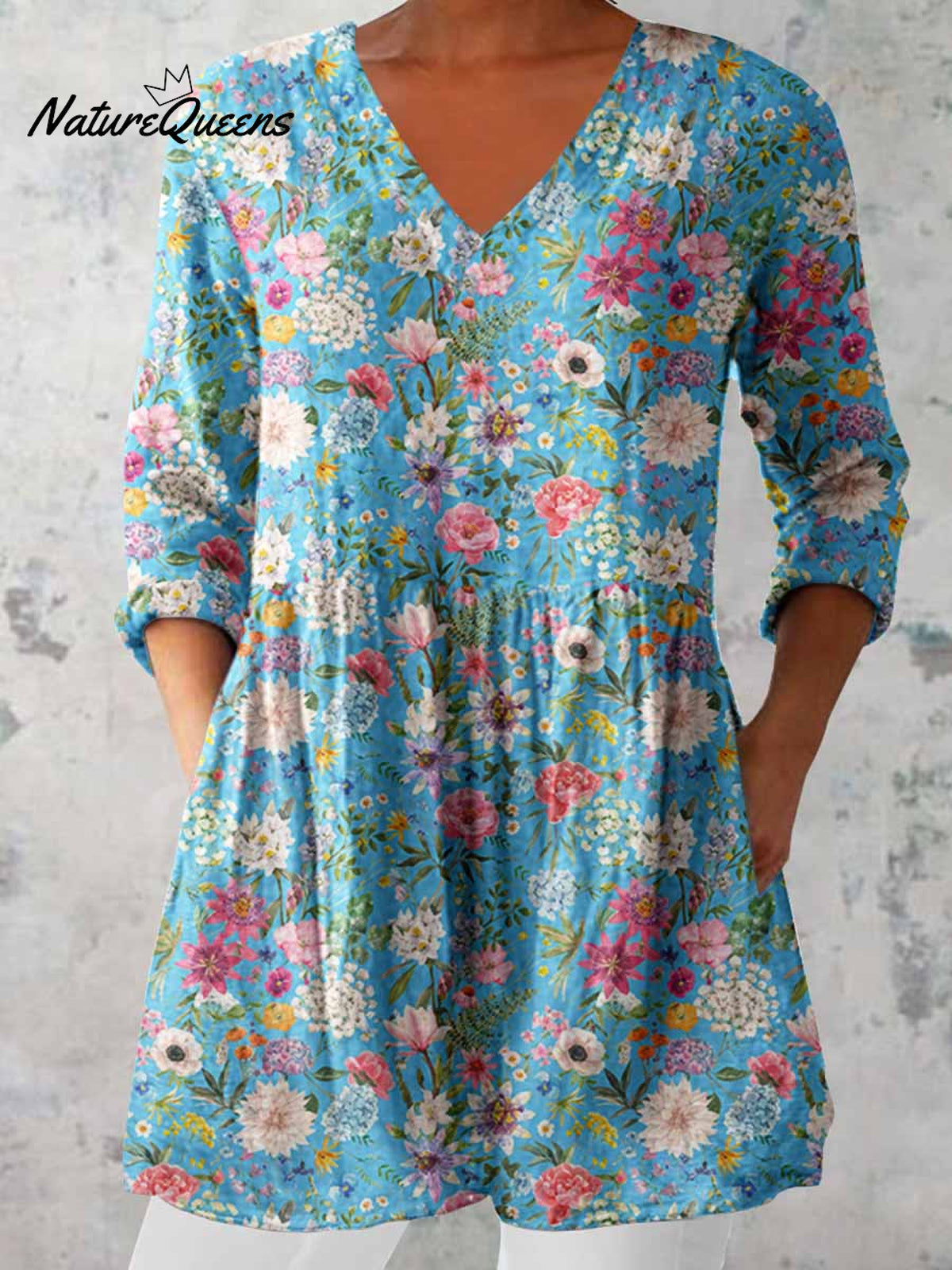 Women's Elegant Floral Print Cotton and Linen Top