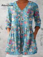 Women's Elegant Floral Print Cotton and Linen Top