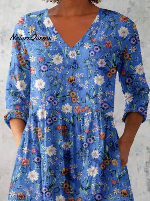 Women's Elegant Floral Print Cotton and Linen Top