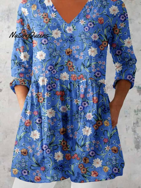 Women's Elegant Floral Print Cotton and Linen Top