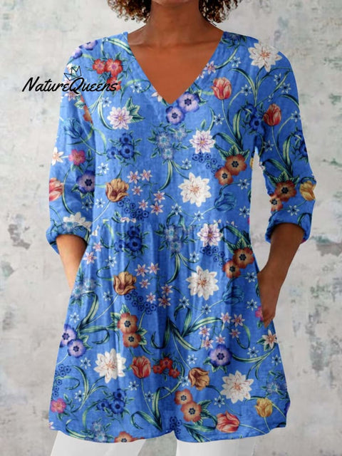 Women's Elegant Floral Print Cotton and Linen Top