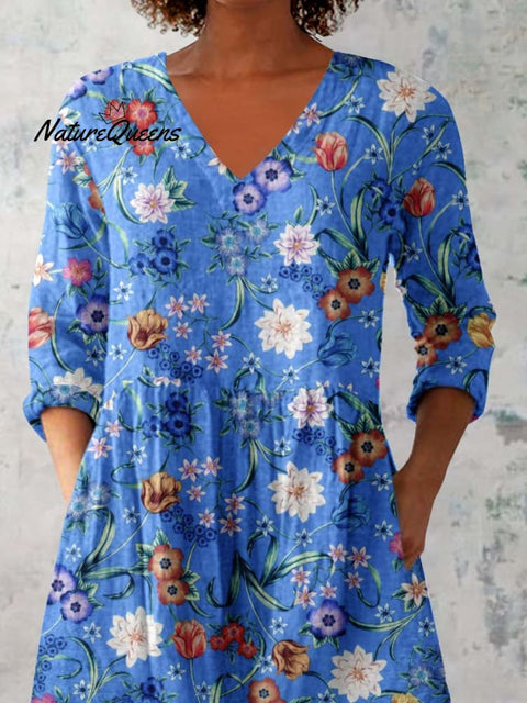 Women's Elegant Floral Print Cotton and Linen Top