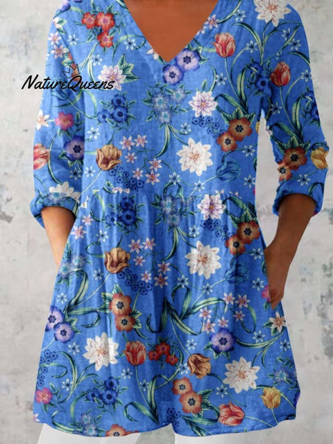 Women's Elegant Floral Print Cotton and Linen Top