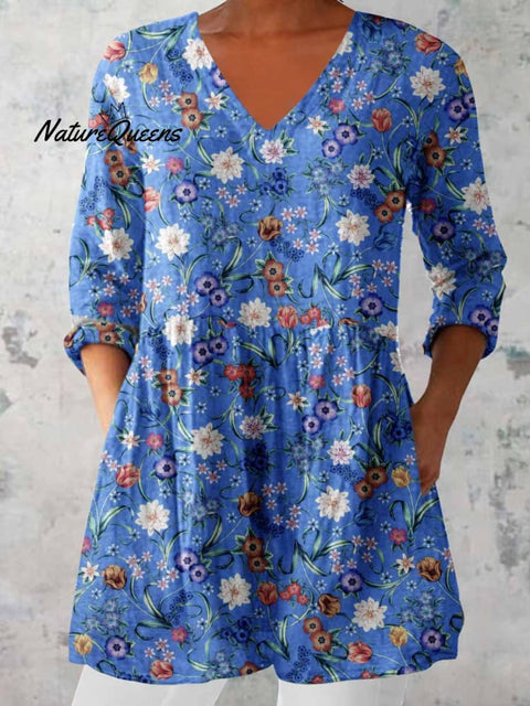 Women's Elegant Floral Print Cotton and Linen Top