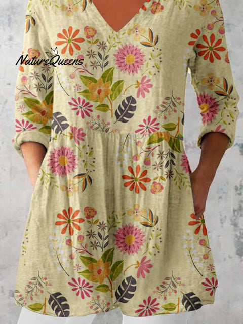 Women's Elegant Floral Print Cotton and Linen Top