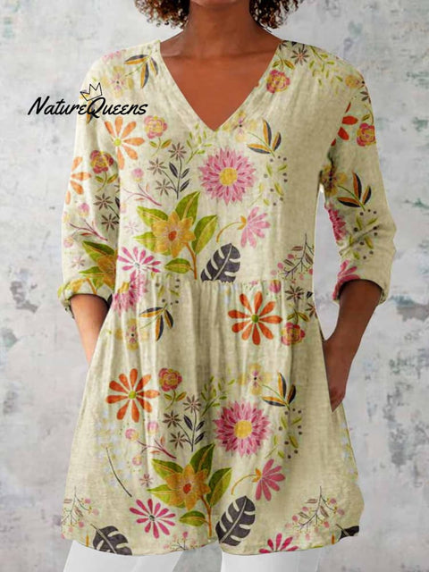 Women's Elegant Floral Print Cotton and Linen Top