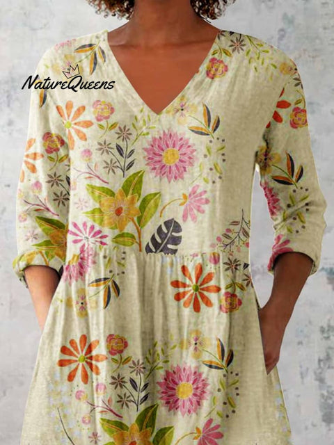 Women's Elegant Floral Print Cotton and Linen Top