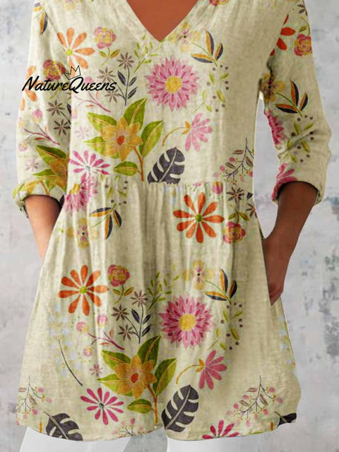 Women's Elegant Floral Print Cotton and Linen Top