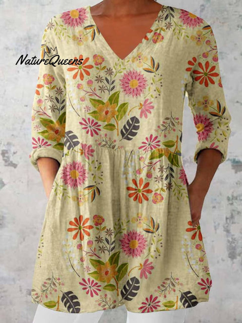 Women's Elegant Floral Print Cotton and Linen Top