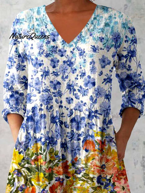 Women's Elegant Floral Print Cotton and Linen Top