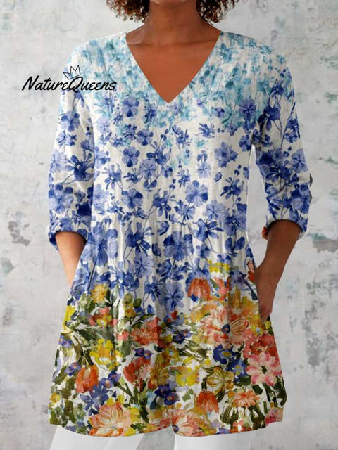 Women's Elegant Floral Print Cotton and Linen Top