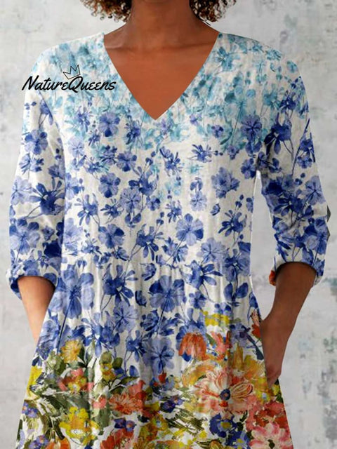 Women's Elegant Floral Print Cotton and Linen Top