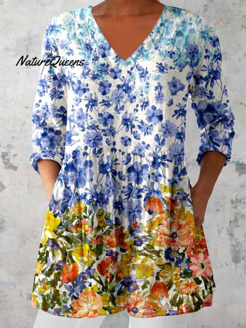 Women's Elegant Floral Print Cotton and Linen Top