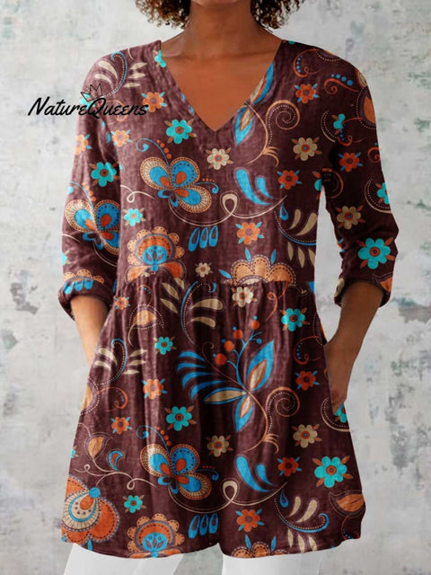 Women's Elegant Floral Print Cotton and Linen Top