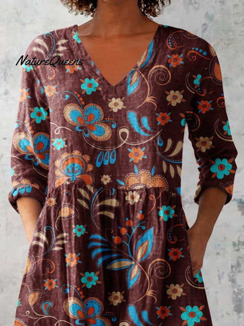 Women's Elegant Floral Print Cotton and Linen Top