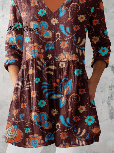 Women's Elegant Floral Print Cotton and Linen Top