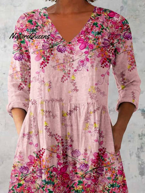 Women's Elegant Floral Print Cotton and Linen Top