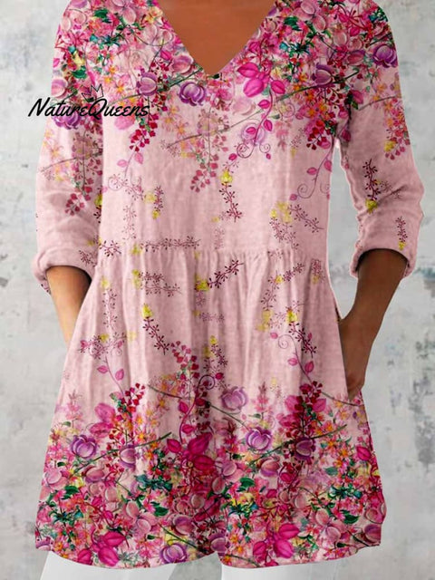 Women's Elegant Floral Print Cotton and Linen Top