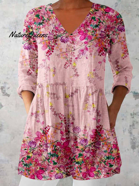 Women's Elegant Floral Print Cotton and Linen Top