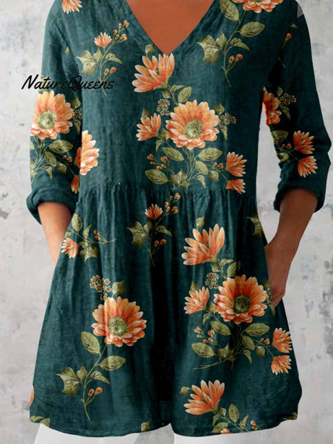 Women's Elegant Floral Print Cotton and Linen Top